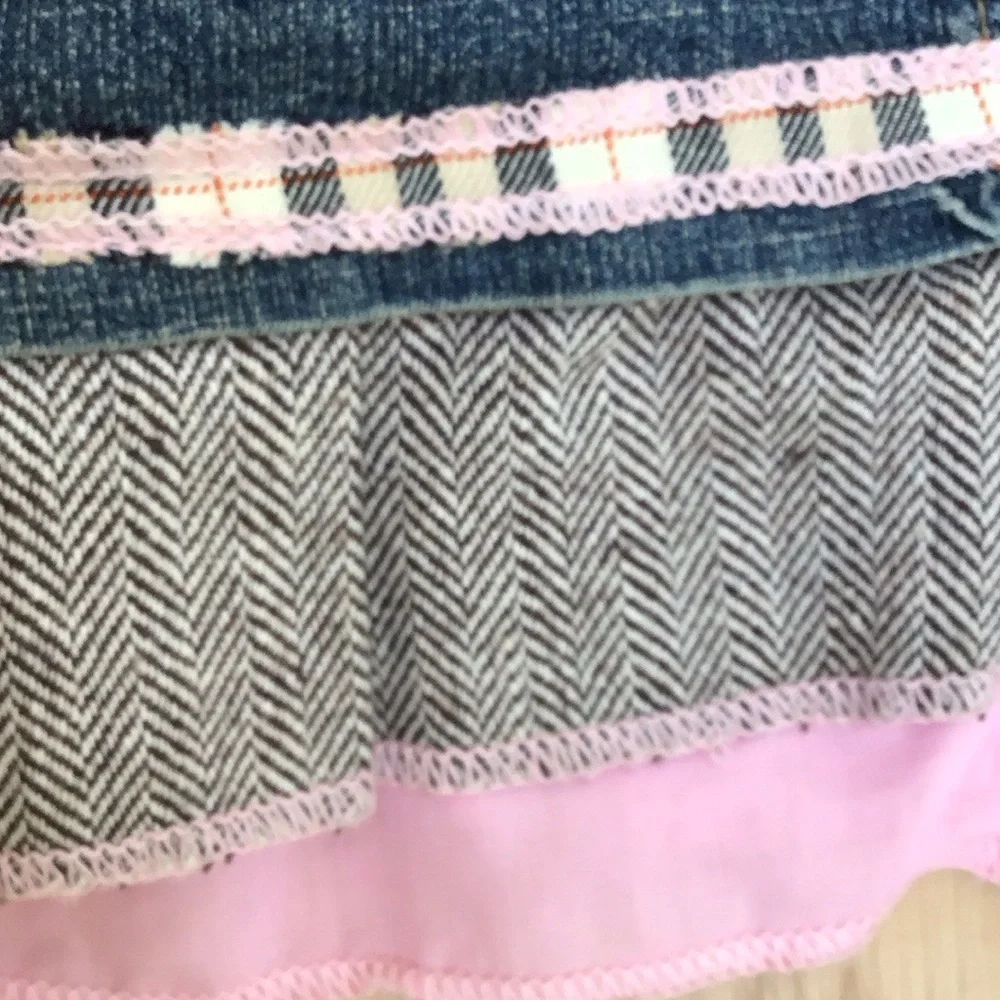 Y2K Rhinestone Bling Plaid Flower Ruffled Blue‎ Jean Denim Pleat Twee Mini Skirt